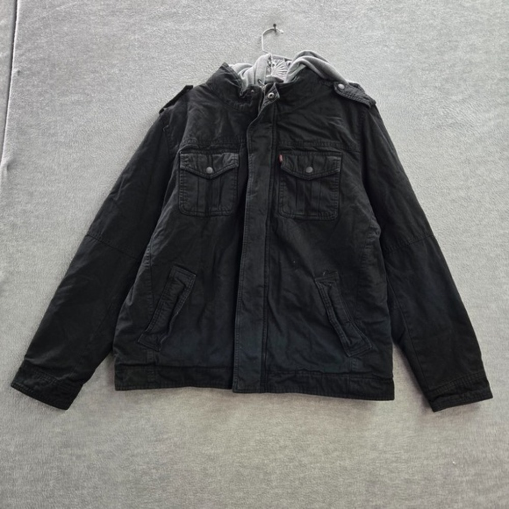 Levi's Men‎ Jacket Large Black Sherpa Lined Full Zip Snap Hooded Pockets